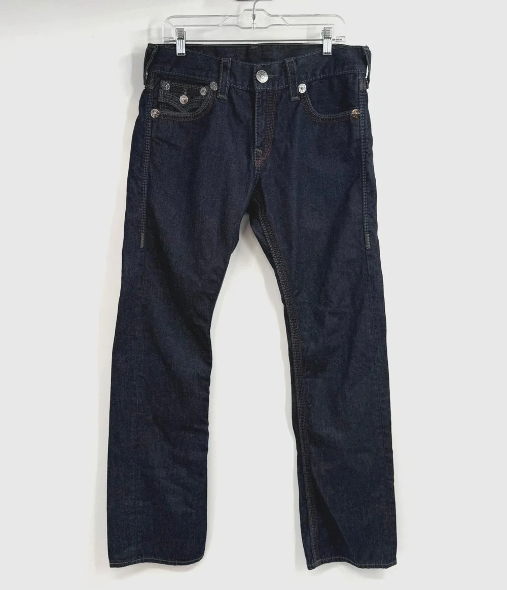 True Religion Ricky Straight Leg Jeans Mens 32 Dark Wash Blue Denim Zip Fly Y2k